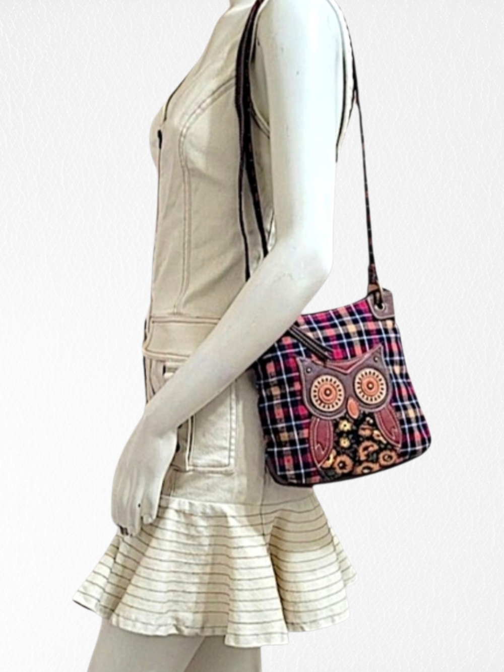 Cato Red Plaid Owl Appliqué Crossbody Bag